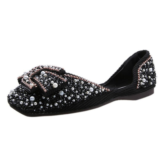 Single Shoes Women's  New Style Spring Spring Pearl Sequin Flat Top Shoes Versatile Low-Cut Gentle Fairy Shoes Scoop Shoe