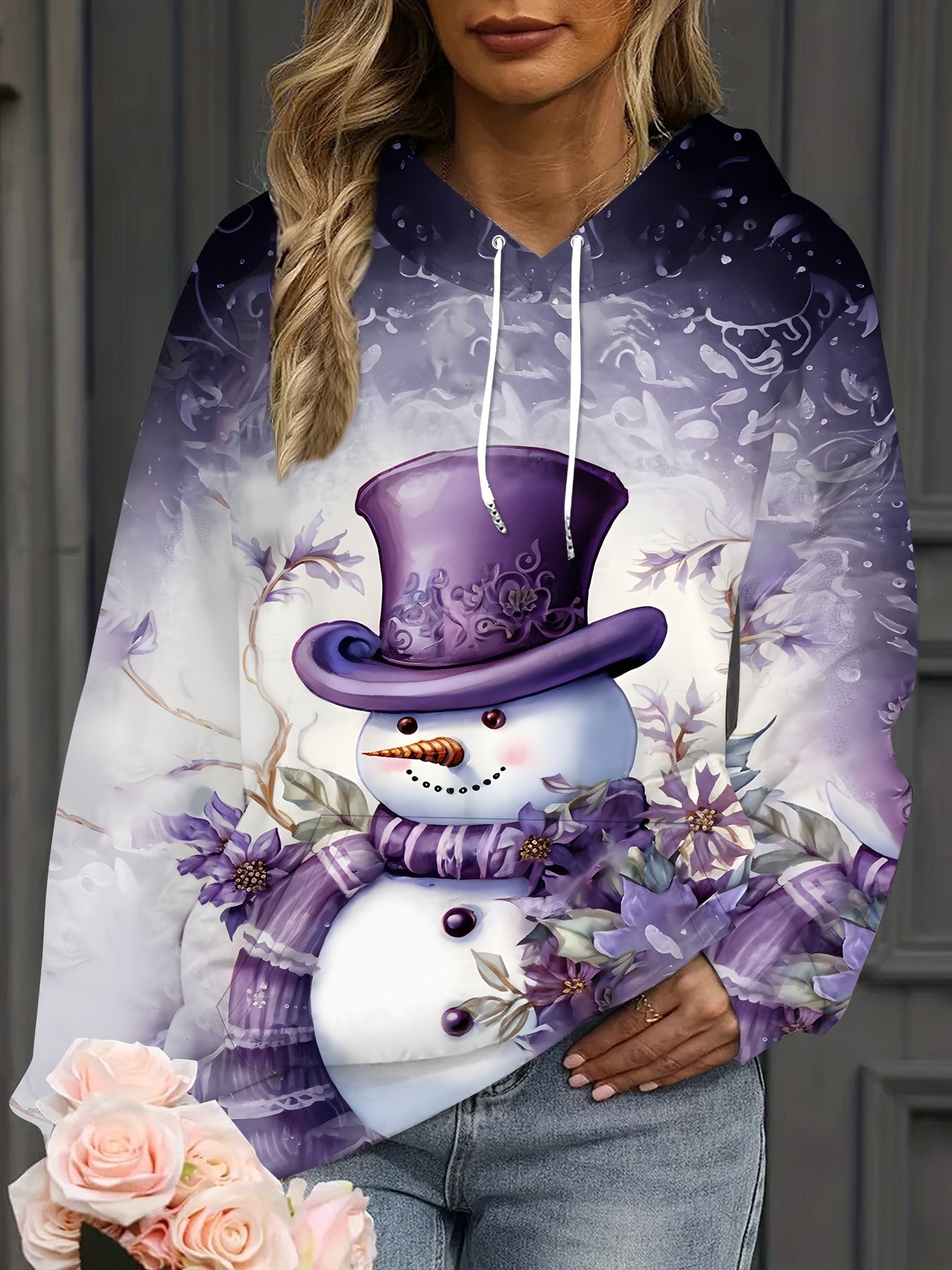 Cozy Festive Christmas Snowman Hoodie - Soft Knit Fabric, Adorable 3D Printed Design, Purple Christmas Theme, Spacious Pockets, and Stylish Hood for Women - Perfect for Cold Winter Days and Holiday Parties