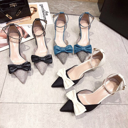 Pointed Toe Shallow Mouth Thin Heeled Bowknot Single Shoes Women Hollow  Autumn and Winter Autumn New Fashion High Heels