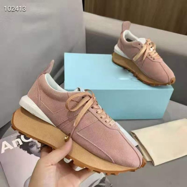 Spring Thick Sole Casual Daddy Shoes Women Flat Mixed Color Lace Up Patchwork Sneakers Outdoor Walk Tennis Shoes  Unisex