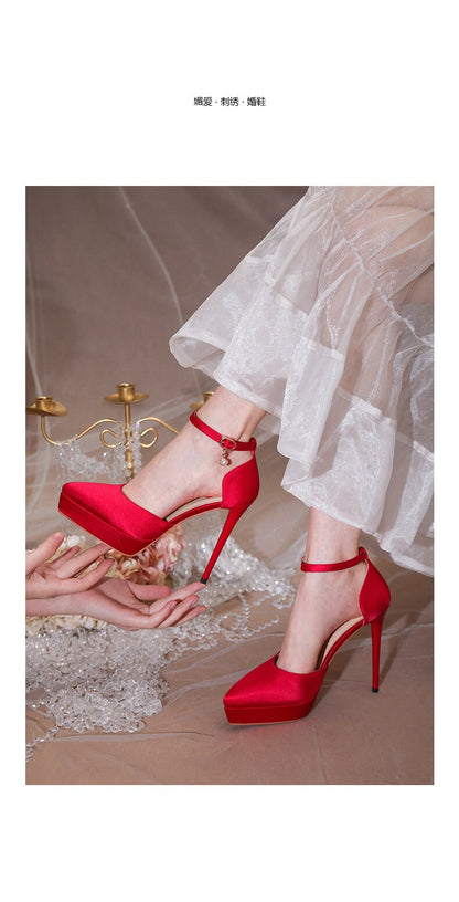 xiangtuibao Women's New Champagne High Heels 12cm Thin Heel Bride's Shoes Waterproof Platform Single Shoes