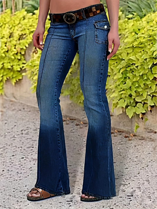 Flap Pocket Pintuck Flare Leg Jeans, Retro Washed Blue Double Buttons Bell Bottom Denim Pants, Women's Denim Jeans & Clothing