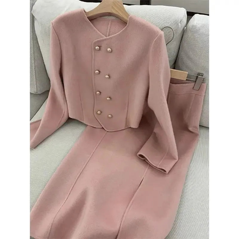 UNXX Women Skirt Suits Office Lady Tweed Set O Neck Button Cropped Jackets Bodycon Long Skirt Elegant Female 2 Pieces Sets Women 240109