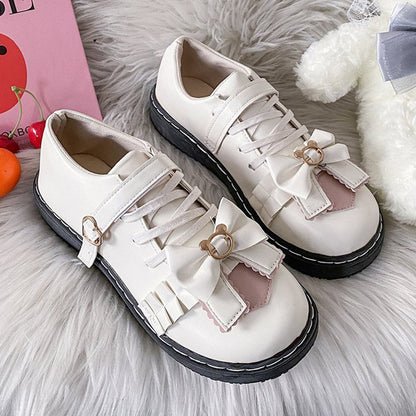 Rimocy Sweet Bow Lolita Shoes Women Spring Heart-shaped Buckle Platform Flats Woman Mix Color Non-slip Lovely Mary Jane Shoes