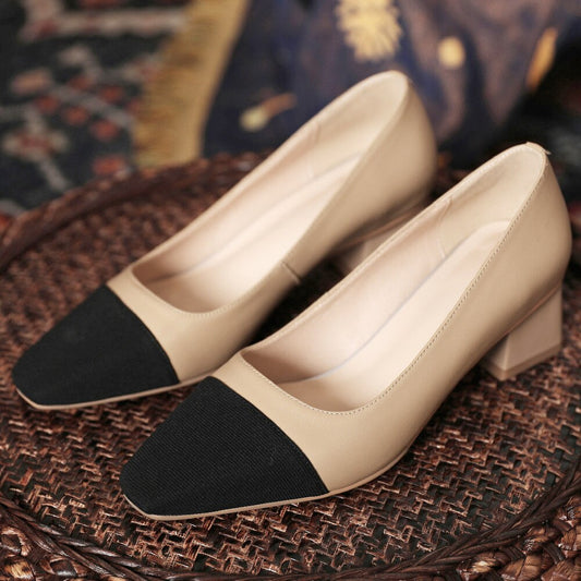 Small size 33 women's genuine leather black toe patchwork slip-on pumps OL style thick med heel comfortable daily heels shoes