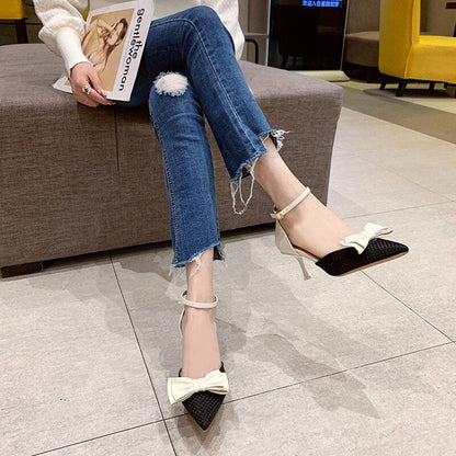 Pointed Toe Shallow Mouth Thin Heeled Bowknot Single Shoes Women Hollow  Autumn and Winter Autumn New Fashion High Heels