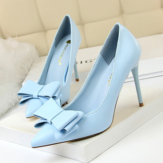 cute bow women high heels pumps Ladies shoes  sexy pointed toe 10cm thin heels 7 colors wedding shoes woman plus size 34-43