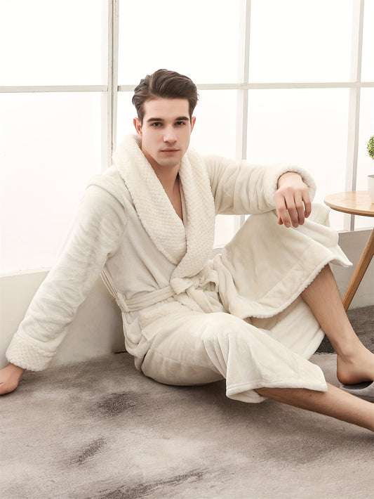 Comfy Men's Fleece Robe - Soft Solid Lapel One-Piece Kimono Night-Robe with Pocket, Lace-Up Design, Warm and Cozy for After Bath Relaxation