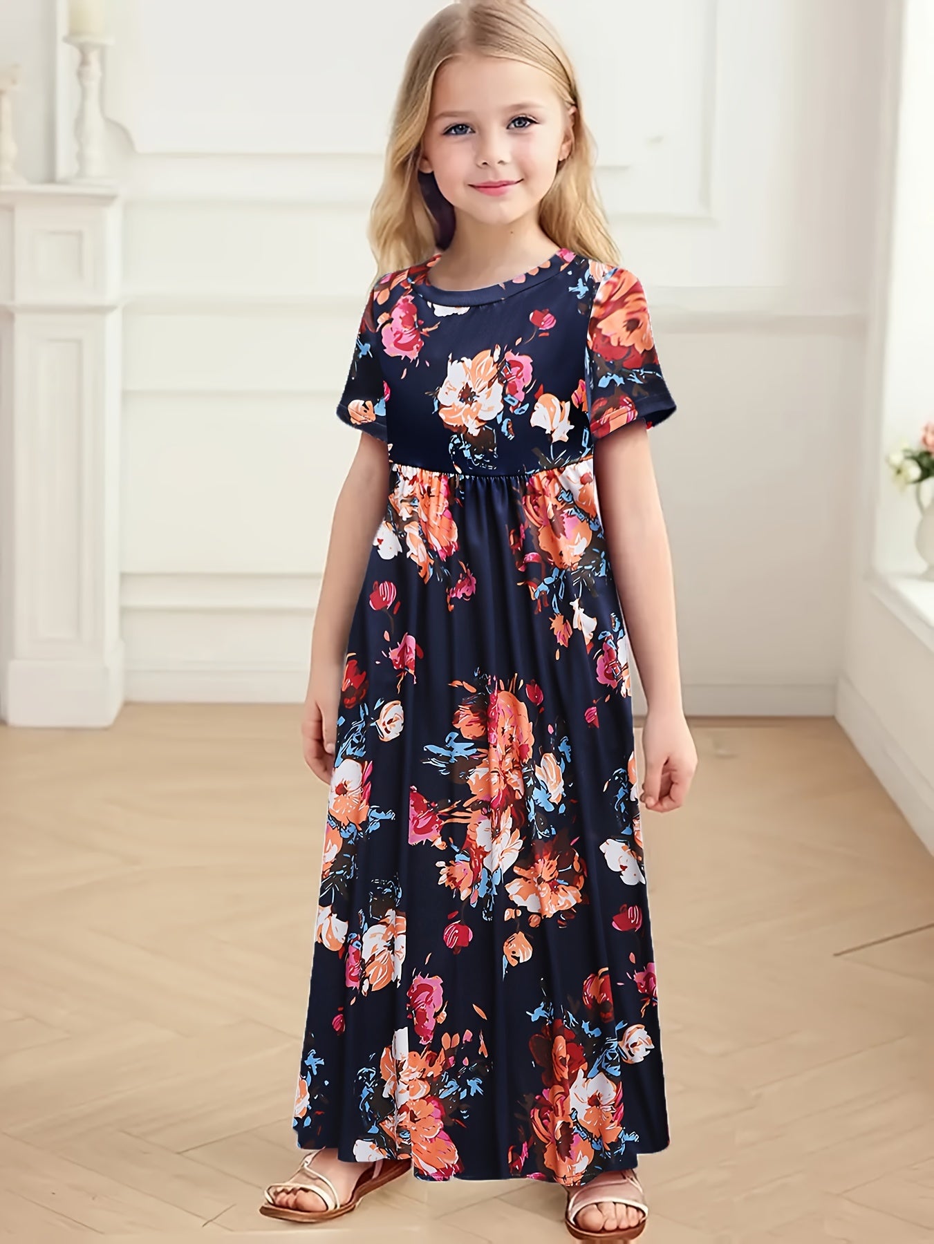 Girls Bohemian Chic Maxi Dress - Breezy Short Sleeves, Vibrant Floral Pattern, Flowy Relaxed Fit, Practical Side Pockets - Designed for the Young and Free-Spirited, Ideal for Summer Getaways, Beach Trips, and Outdoor Adventures