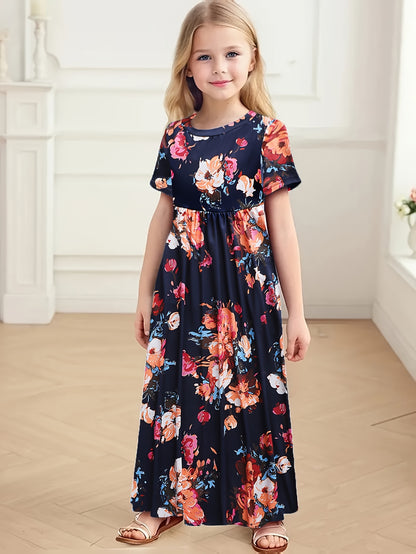 Girls Bohemian Chic Maxi Dress - Breezy Short Sleeves, Vibrant Floral Pattern, Flowy Relaxed Fit, Practical Side Pockets - Designed for the Young and Free-Spirited, Ideal for Summer Getaways, Beach Trips, and Outdoor Adventures