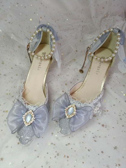 xiangtuibao  princess kawaii shoes round head high heel Kawaii girl sweet lolita shoes pearl lace bowknot women shoes loli cosplay cos