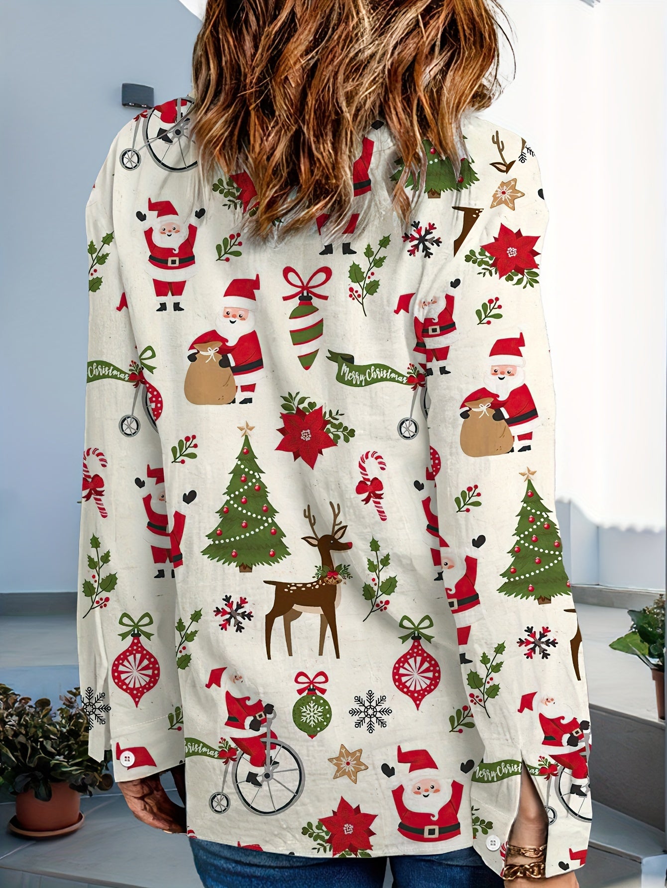 Women's Multicolor Christmas Style Fashion Long-sleeved Button-Down Shirt with Santa Claus and Christmas Tree Elk Pattern Printing