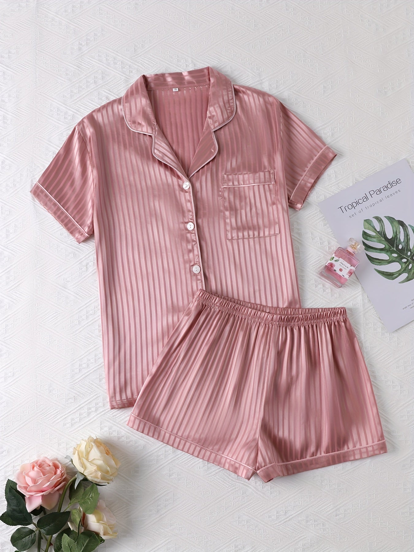 Luxurious Striped Satin Pajamas Set - Short Sleeve Button Top & Soft Shorts - Womens Comfy Sleepwear & Lounging Elegance for a Chic Nighttime Experience