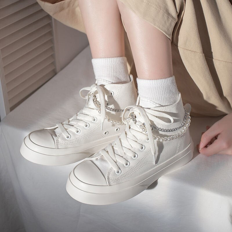 New women high-top canvas shoes fashion beaded canvas shoes college girl sneakers retro casual shoes Japanese Korean women shoes