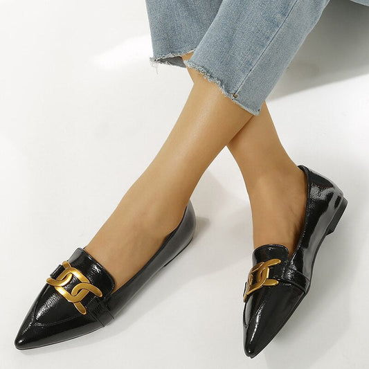 Flat Shoes Women Pointed Toe Metal Chain Pumps Black Shoes Female  Spring New Casual Commuter Slip-on Loafers Women Zapatos