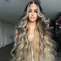 Ash Blonde Highlights 13x4 Lace Front Human Hair Wig for Women Black Roots Ombre Body Wave Synthetic Wig Pre Plucked