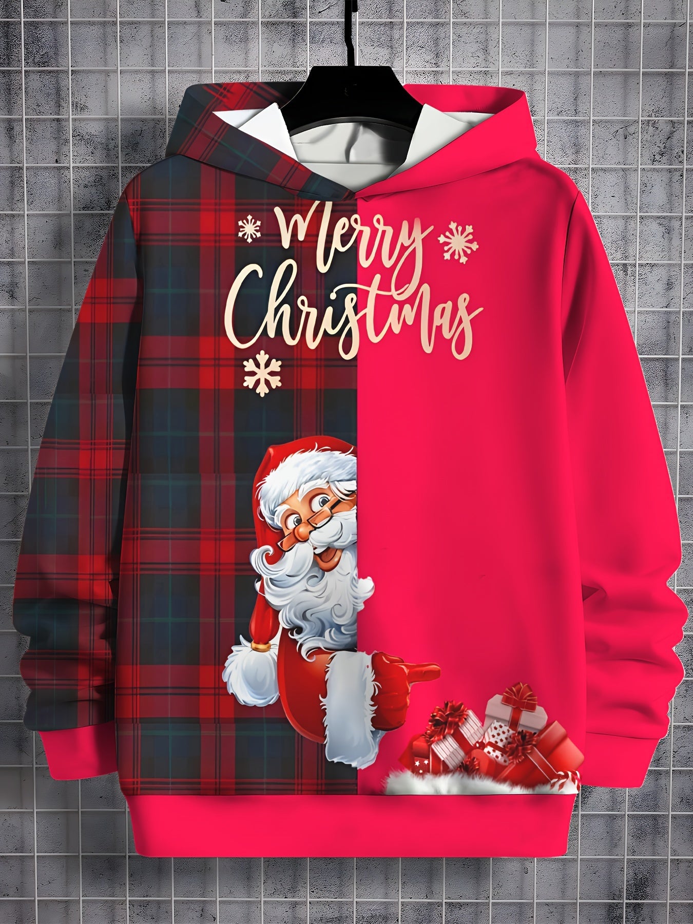 Merry Christmas Santa & Plaid Print Boys' Hoodie - Cozy & Stylish Long Sleeve Pullover for Spring/Fall, Machine Washable