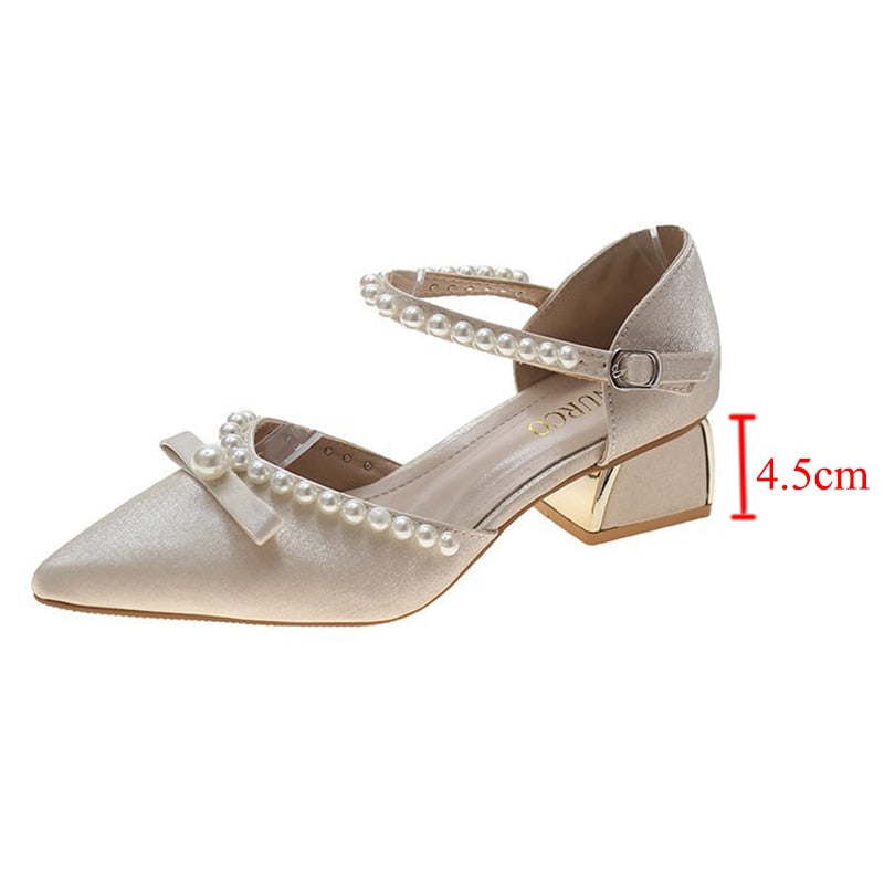 xiangtuibao   Summer Pearl Pumps Women Pointed Toe Ankle Strap High Heels Shoes Woman Med Heel Elegant Bowknot Dress Shoes Ladies