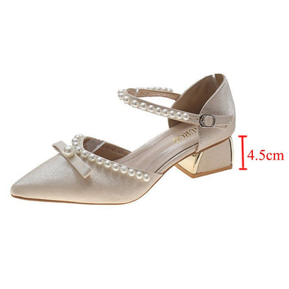 xiangtuibao   Summer Pearl Pumps Women Pointed Toe Ankle Strap High Heels Shoes Woman Med Heel Elegant Bowknot Dress Shoes Ladies