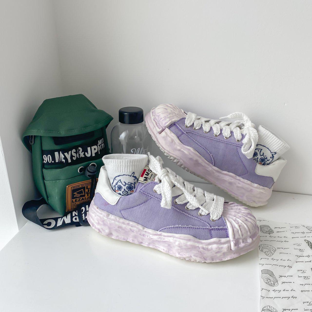 Melting Ice Cream Kawaii Style Lolita Washed Dyed Canvas Shoes Women Cute Super Trend Pink Purple Green Lace Up Board Sneakers