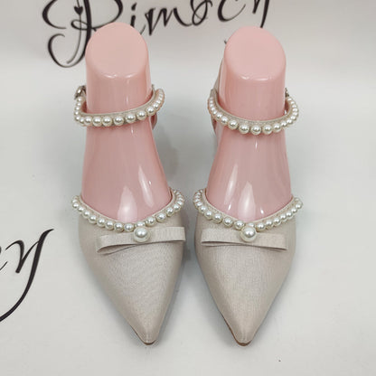 xiangtuibao   Summer Pearl Pumps Women Pointed Toe Ankle Strap High Heels Shoes Woman Med Heel Elegant Bowknot Dress Shoes Ladies