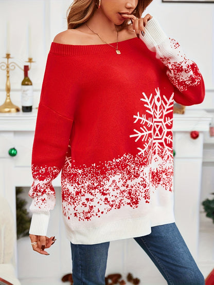 Snowflakes Pattern Off Shoulder Sweater, Casual Long Sleeve Sweater For Fall & Winter, Women's Clothing