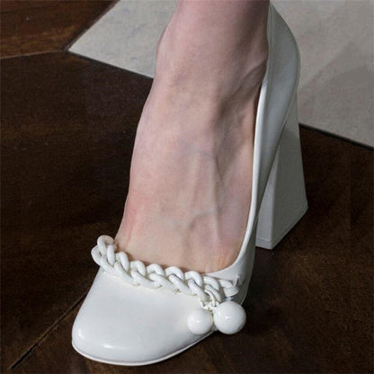 New Fashion Round Toe Chain Pumps Women Rome Solid Sexy PU Leather Wedding Shoes Women Comfortable High Heels Zapatos De Mujer