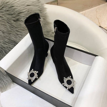 xiangtuibao  European and American Style Wineglass Heel Women's Ankle Boots  New Elastic Thin Boots Sun Buckle Rhinestone High Heel Boots