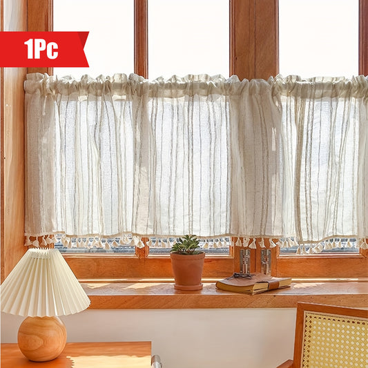 1pc Stylish Striped Linen Curtain with Tassels - Elegant Rod Pocket Design, Coffee Color, Simple Style, Suitable for Kitchen, Dining Room Window Door Home Decoration, Easy to Hang and Care