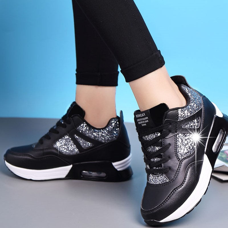 New Fashion Height Increasing Women Sneakers Ladies Sequins Lace-up Casual Shoes Breathable Walking Shoes