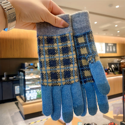 1 Pair Gingham Print Knitted Gloves, Unisex Full Finger Warm Winter Gloves, Touch Screen Hand Warmer Gloves For Cycling Driving