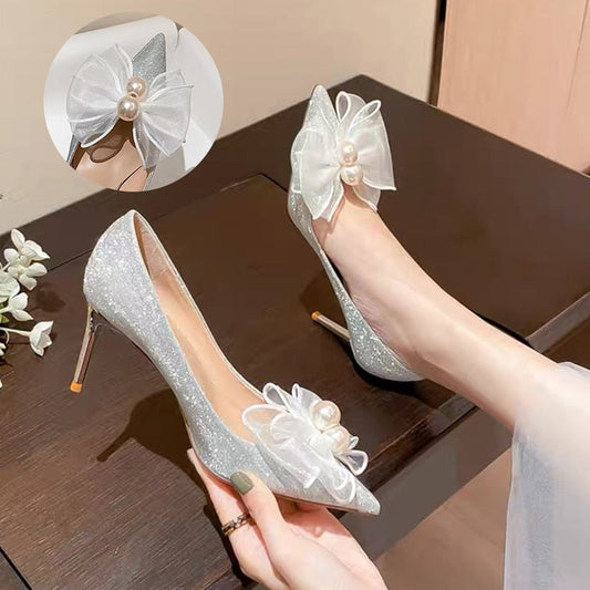 Rimocy Shiny Sequined Cloth Wedding Shoes Women Fashion Silk Bow Thin Heels Pumps Woman Slip-on Pearl High Heels Bridal Shoes