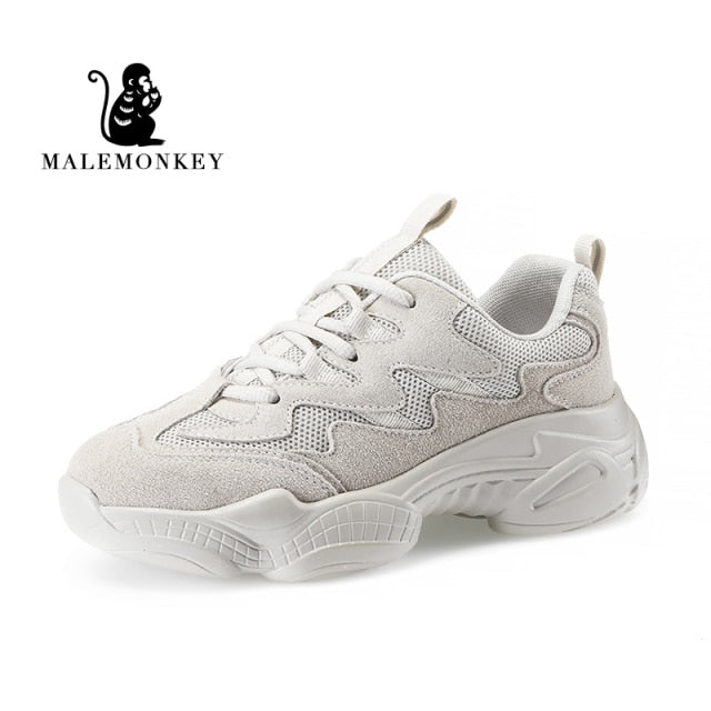 Casual Mesh Platform Sports Shoes Leather Breathable Woman Sneakers  Spring Women's Shoes Lace Up Zapatos De Mujer Beige