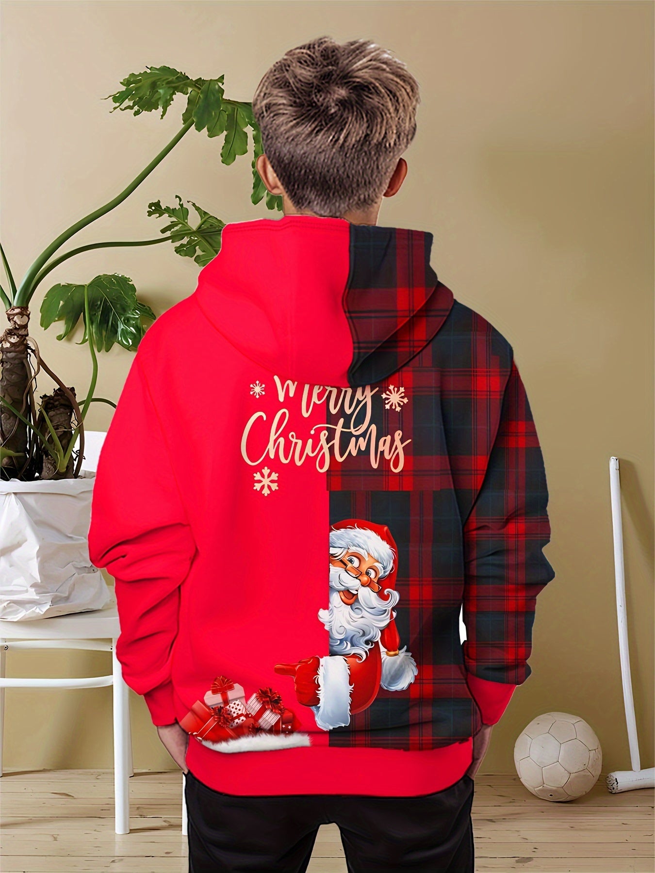 Merry Christmas Santa & Plaid Print Boys' Hoodie - Cozy & Stylish Long Sleeve Pullover for Spring/Fall, Machine Washable