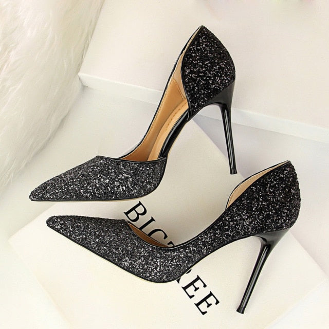 xiangtuibao   Woman 9cm Glitter High Heels Sequins Scarpins Pumps Female Silver Gold Escarpins Lady Wedding Bridal Scarpins Talons Shoes