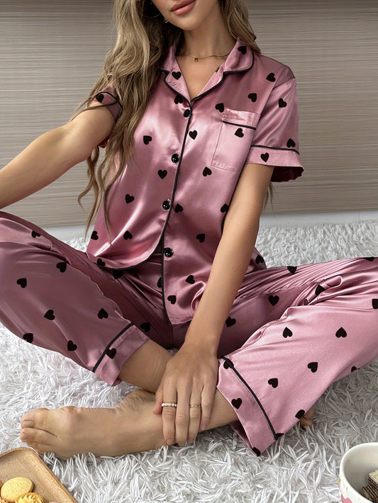 Womens Heart Print Satin Short Sleeve Lapel Pajama Set - Soft, Comfortable, Relaxed Fit, Micro Elasticity, Random Print, Woven, Basics for All Seasons