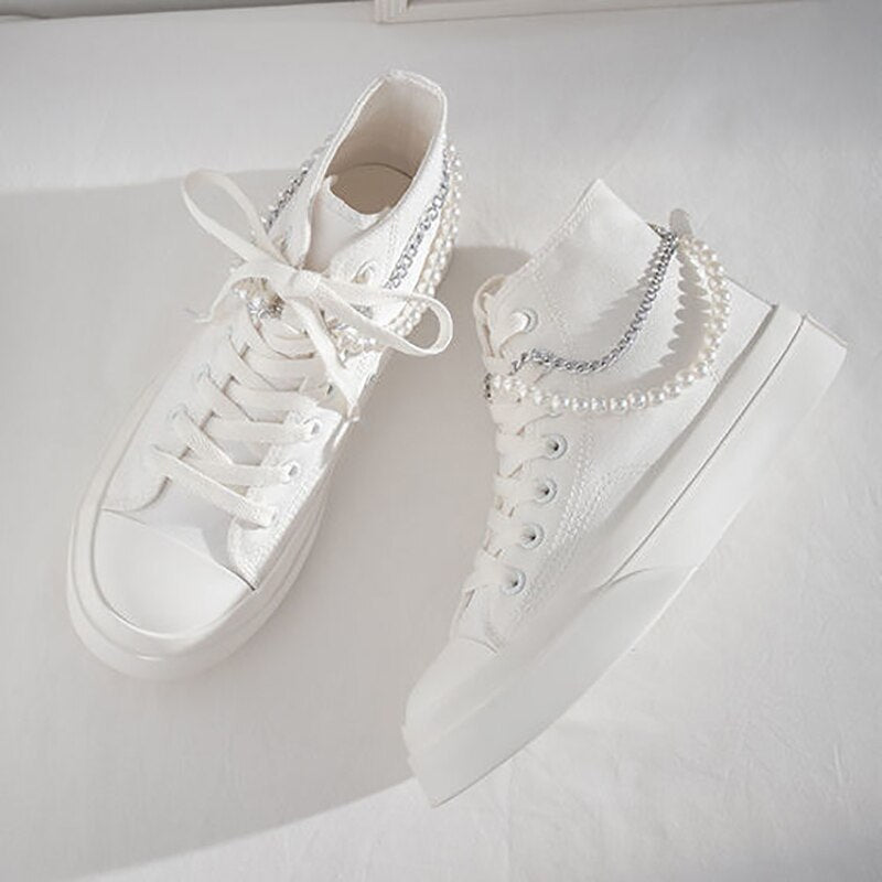 New women high-top canvas shoes fashion beaded canvas shoes college girl sneakers retro casual shoes Japanese Korean women shoes