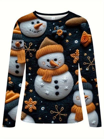 Cozy Snowman Embroidered Long Sleeve T-Shirt for Women - Soft, Breathable, Casual Crew Neck Top with Vibrant Festive Print, Perfect for Fall and Winter Season, Holiday Parties, and Daily Wear