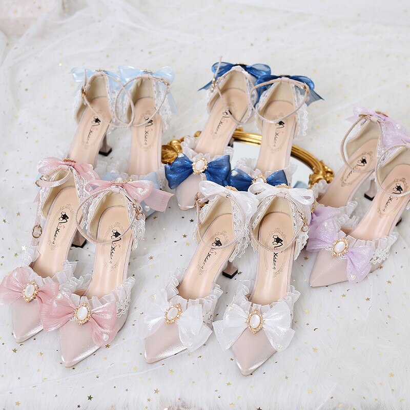 Vintage French Style Sweet Girls' Adult Ceremony High Heels Elegant Embroidered Lolita Hand Made Pointed Toe Wedding Loli Shoes