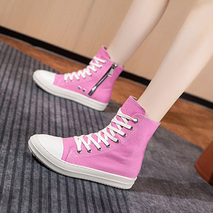 Women High Top Canvas Sneakers Flat Lace-up Pink Vulcanize Shoes For Ladies Fashion Casual Breathable Footwear  New Hotsale