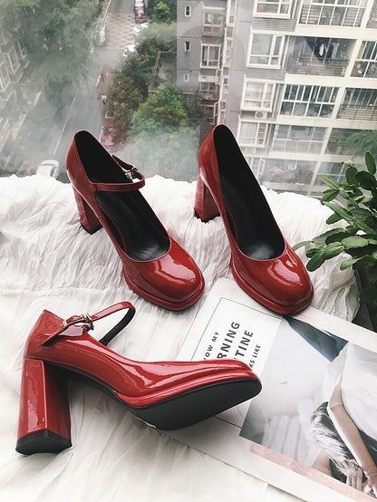 xiangtuibao Autumn New Brand Designer Shallow Mouth Single Shoes Cow Patent Leather Leather Thick High Heel Women Pumps Round Head One