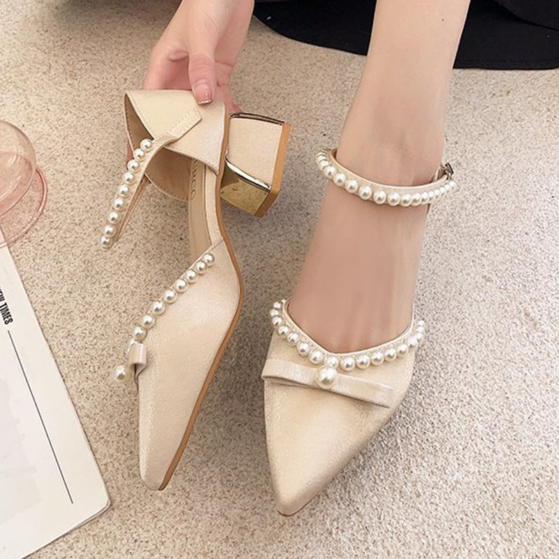 xiangtuibao   Summer Pearl Pumps Women Pointed Toe Ankle Strap High Heels Shoes Woman Med Heel Elegant Bowknot Dress Shoes Ladies