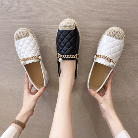 New Women's Loafers Pu Slip On Metal Chain Female Flats Shoes Spring Pearl Shallow Diamond Lattice Ladies Fisherman Shoes