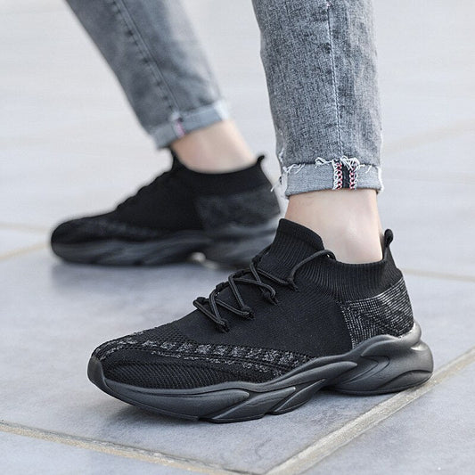 New Fashion Vulcanize Platform Flats Bandage Stretch Fabric Shoes Casual Sports Men Black Lovers Sneakers 44 45