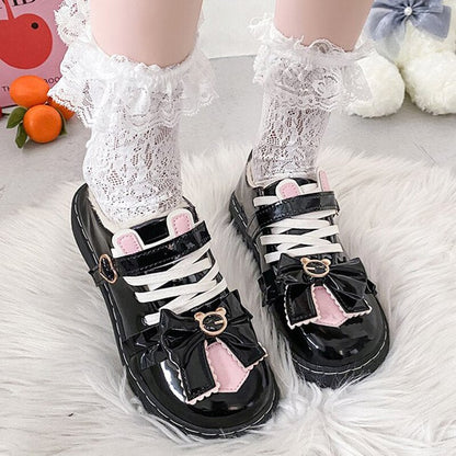 Rimocy Sweet Bow Lolita Shoes Women Spring Heart-shaped Buckle Platform Flats Woman Mix Color Non-slip Lovely Mary Jane Shoes