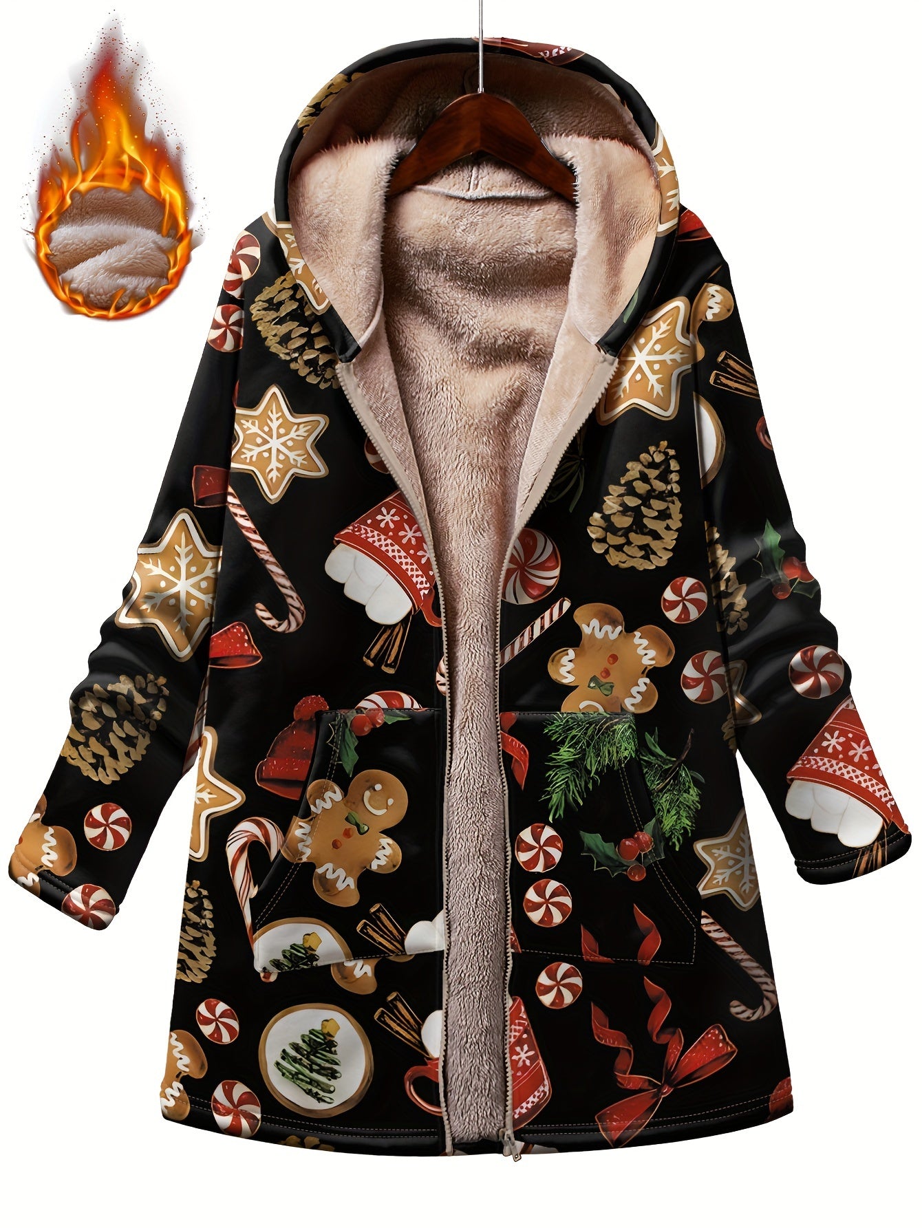 1pc Women'S Plus Size Christmas Printed Casual Style Hooded Parka Jacket with Zipper, Medium Stretch Knit Fabric, Fall/Winter Warm Fleece-Lined Coat with Pockets