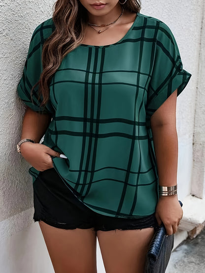 Plus Size Elegant Plaid Print Crew Neck Short Sleeve Shirting Blouse - Soft Polyester Fabric, Non-Stretch, Woven, Random Printing, Perfect for Summer - Casual and Chic Womens Plus Size Clothing for Spring