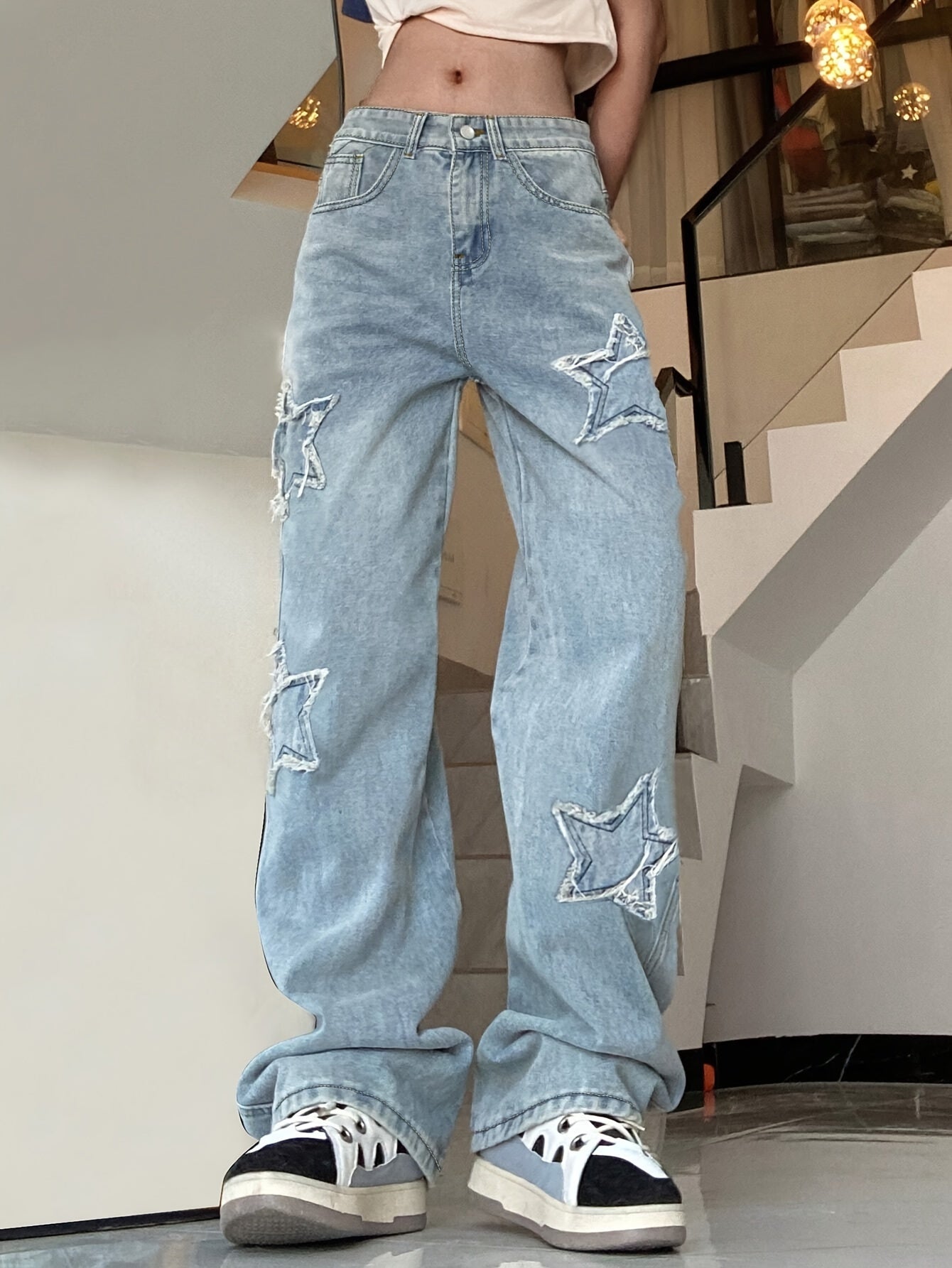 Vintage-Inspired Blue Star Wide-Leg Jeans - All-Season Comfort, Embroidered Geometric Design, Easy-Care Women's Denim Pants