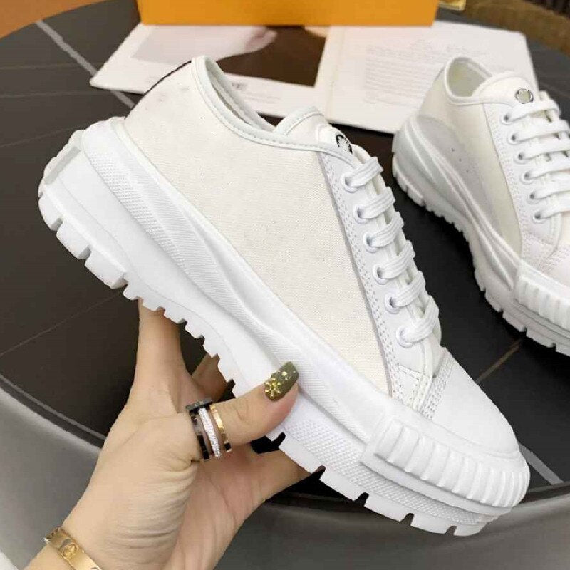 Brand Sneakers Women Platform Canvas Shoes  Lace-Up Woman Shoes Luxury High Quality Designer Shoes Brown FlowersRB116