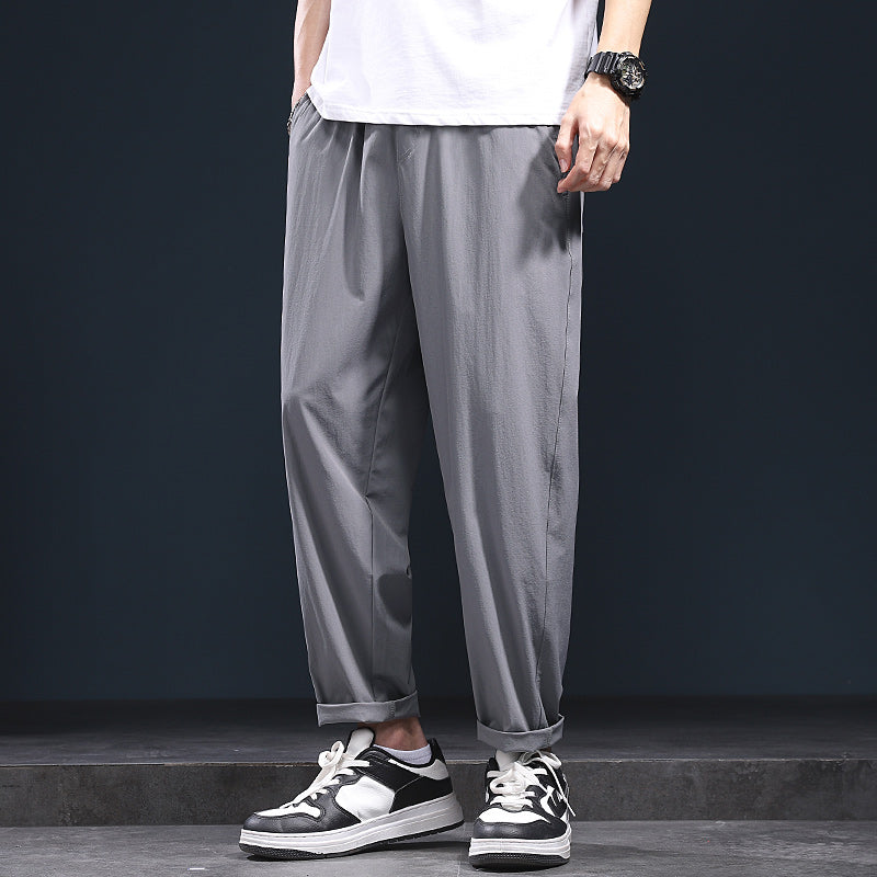 xiangtuibao -  New Korean Ice Silk Elastic Trousers Thin Casual Men'S Loose 9-Point Large Size Fashion Sports Male Pants Summer A61